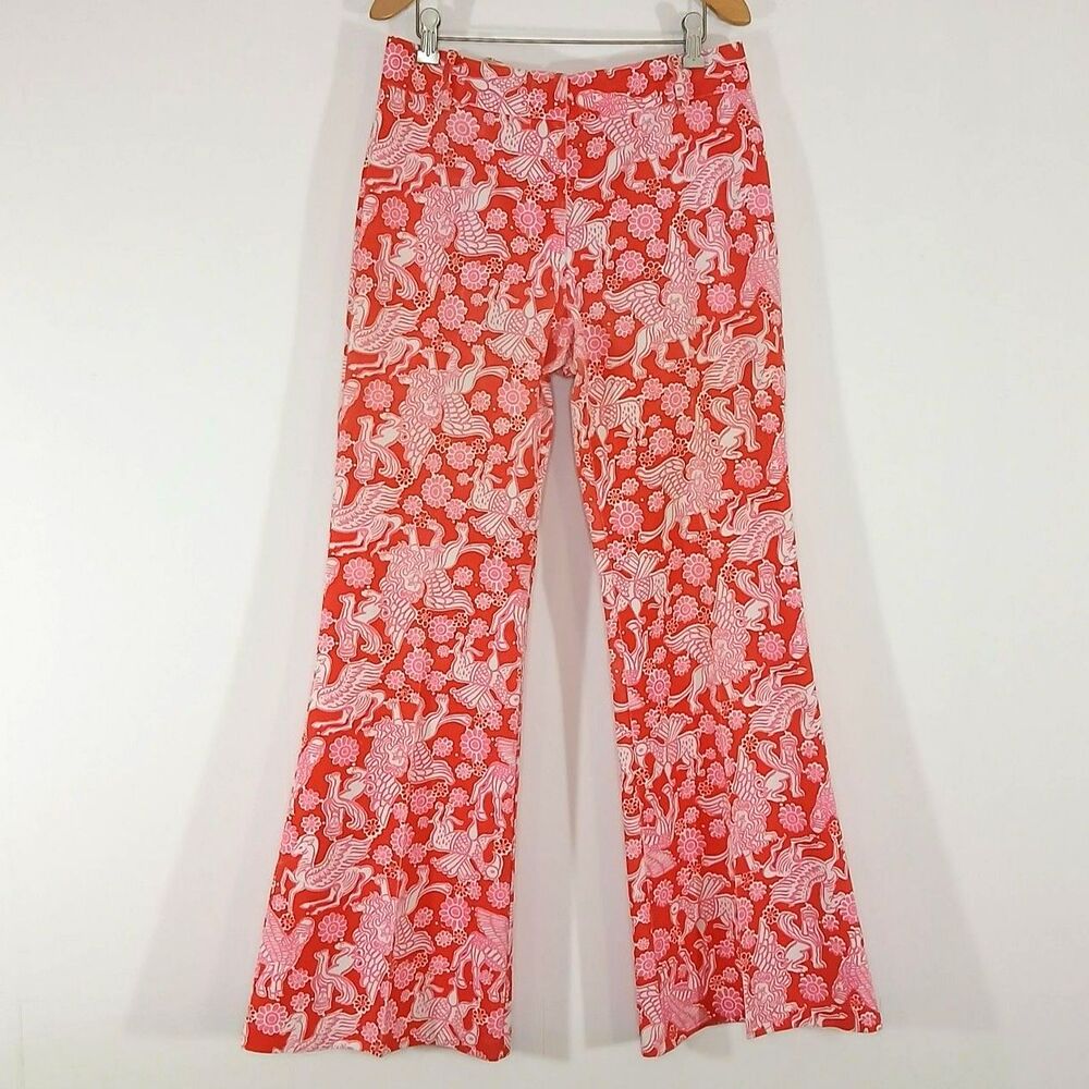 VTG Lilly Pulitzer Wide Leg Pants 10 Red/Coral Pink Griffin Lion Flare Flaws